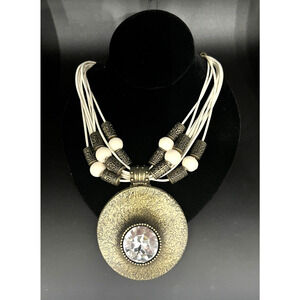 Signed Anthony Alexander Multi Leather Beaded Necklace w/ Rhinestone Pendant 18"